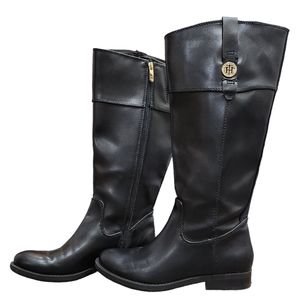 Tommy Hilfiger Faux Leather Mid-Calf Boots Black Goldtone Logo Size 7.5